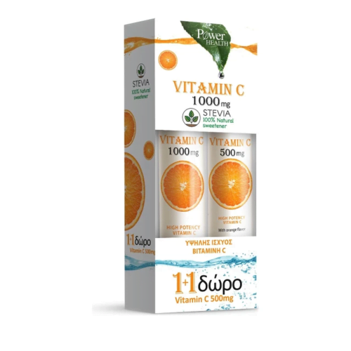 Power Health 1+1 Vitamin C με Στέβια 1000mg & Vitamin C 500mg, 24 & 20 Αναβράζοντα Δισκία