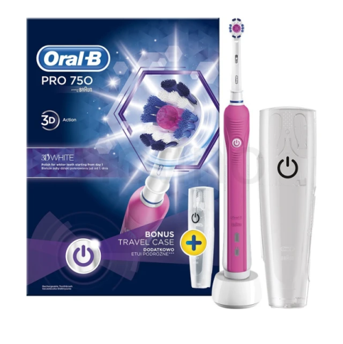 Oral B Pro 750 3D White, Ηλεκτρική Οδοντόβουρτσα & Δώρο Θήκη Ταξιδιού, Ροζ Χρώμα