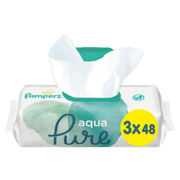 3 x Pampers Aqua Pure Μωρομάντηλα Χωρίς Άρωμα & Χωρίς Αλκοόλη, (3x48) 144τεμ