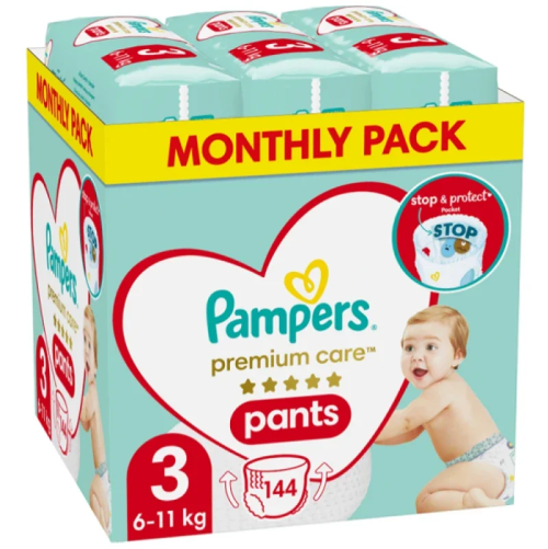 Pampers Premium Care Pants No.3 Monthly Pack (6-11kg) Βρεφικές Πάνες Βρακάκι, 144τεμ